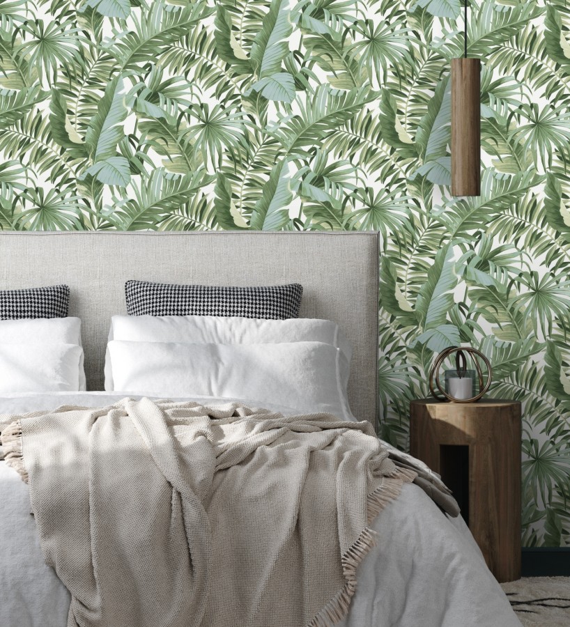 Papel pintado de hojas tropicales verde y blanco  Maldivas Tropical 682357