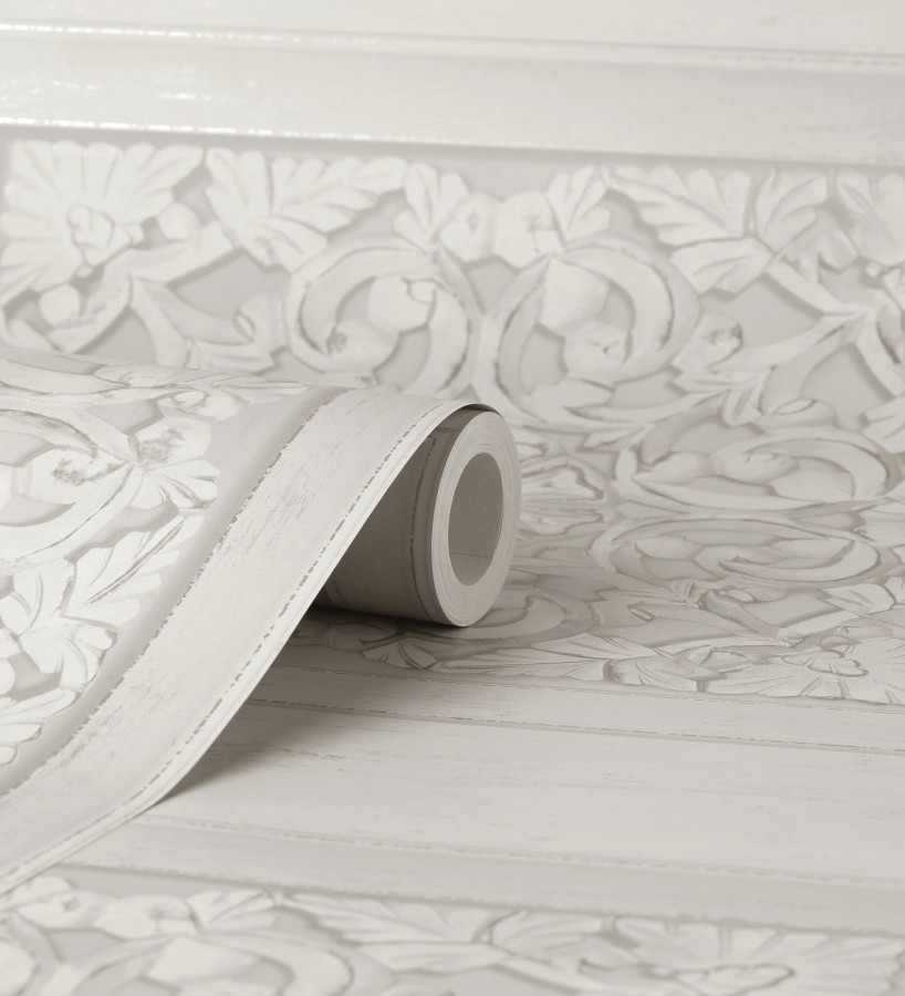 Papel pintado casetones barrocos gris claro con efecto madera tallada sin relieve  Odeon Rail 682360