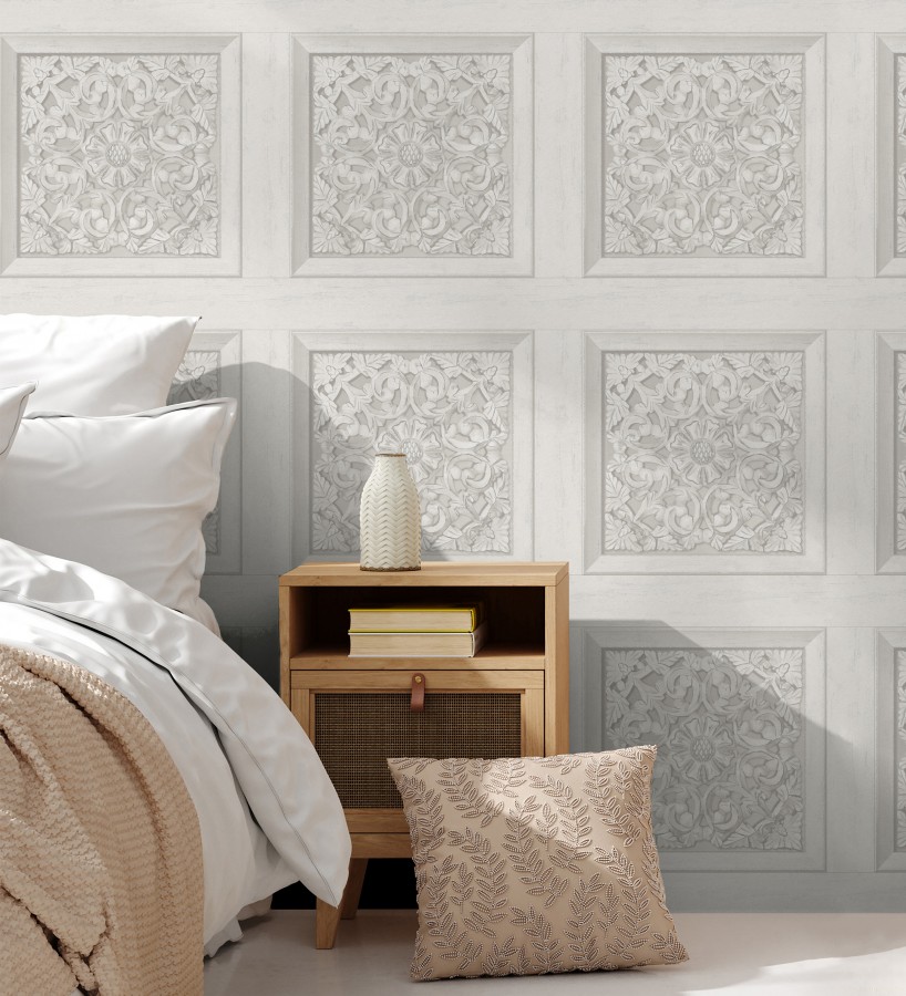 Papel pintado casetones barrocos gris claro con efecto madera tallada sin relieve  Odeon Rail 682360