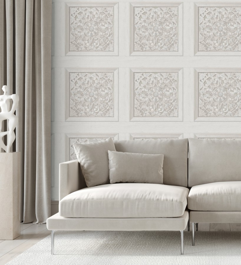 Papel pintado casetones barrocos gris claro con efecto madera tallada sin relieve  Odeon Rail 682360