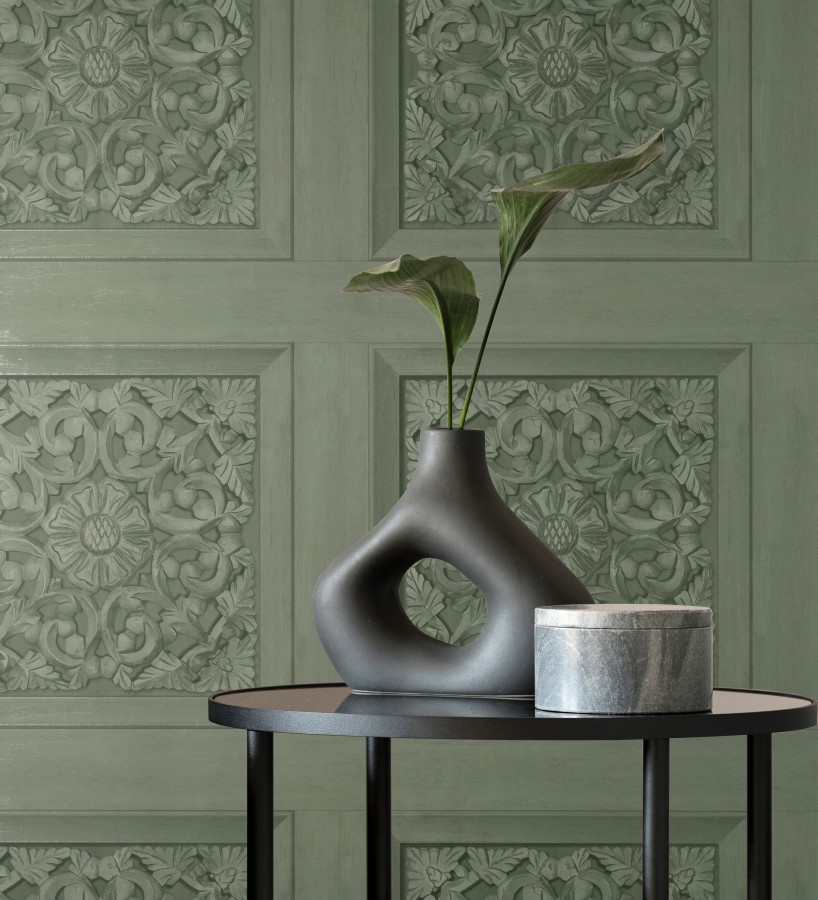 Papel pintado casetones barrocos verdes con efecto madera tallada sin relieve  Odeon Rail 682361