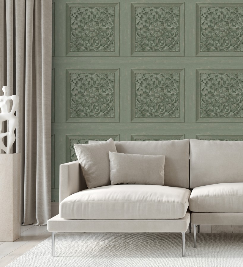 Papel pintado casetones barrocos verdes con efecto madera tallada sin relieve  Odeon Rail 682361