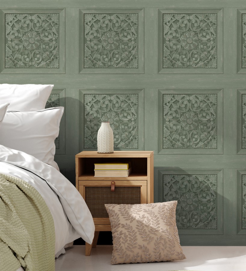 Papel pintado casetones barrocos verdes con efecto madera tallada sin relieve  Odeon Rail 682361