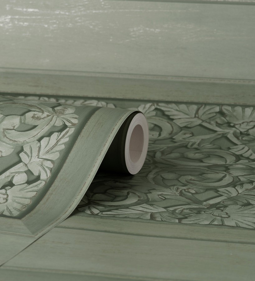 Papel pintado casetones barrocos verdes con efecto madera tallada sin relieve  Odeon Rail 682361