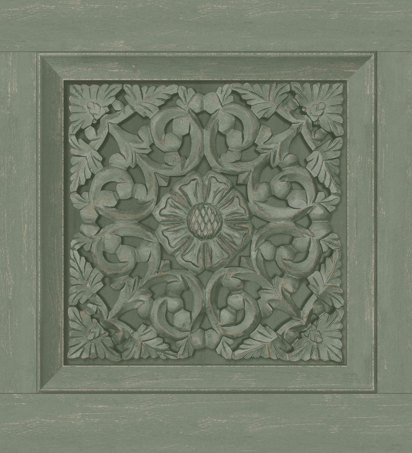 Papel pintado casetones barrocos verdes con efecto madera tallada sin relieve  Odeon Rail 682361