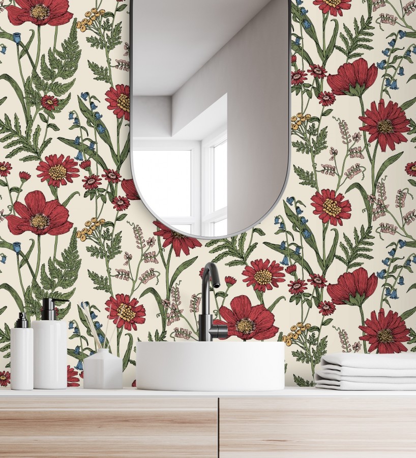 Papel pintado de flores silvestres con margaritas y amapolas fondo beige claro  Margot Meadow 682379