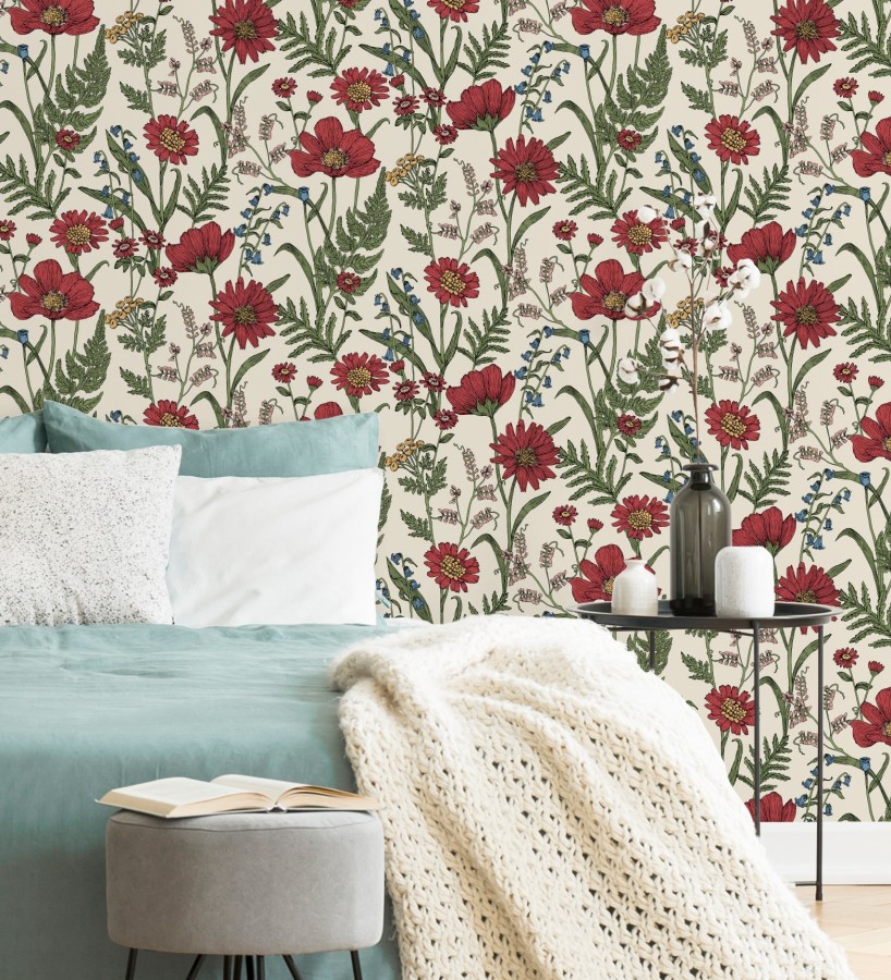 Papel pintado de flores silvestres con margaritas y amapolas fondo beige claro  Margot Meadow 682379