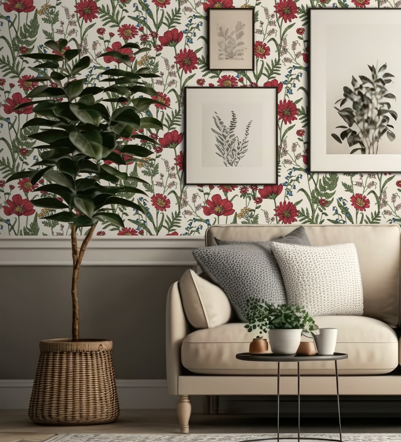 Papel pintado de flores silvestres con margaritas y amapolas fondo beige claro  Margot Meadow 682379