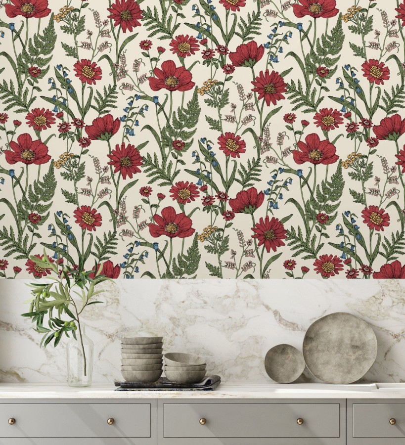 Papel pintado de flores silvestres con margaritas y amapolas fondo beige claro  Margot Meadow 682379