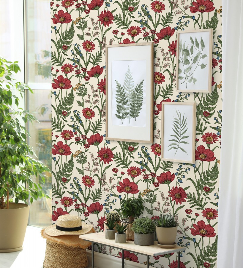 Papel pintado de flores silvestres con margaritas y amapolas fondo beige claro  Margot Meadow 682379