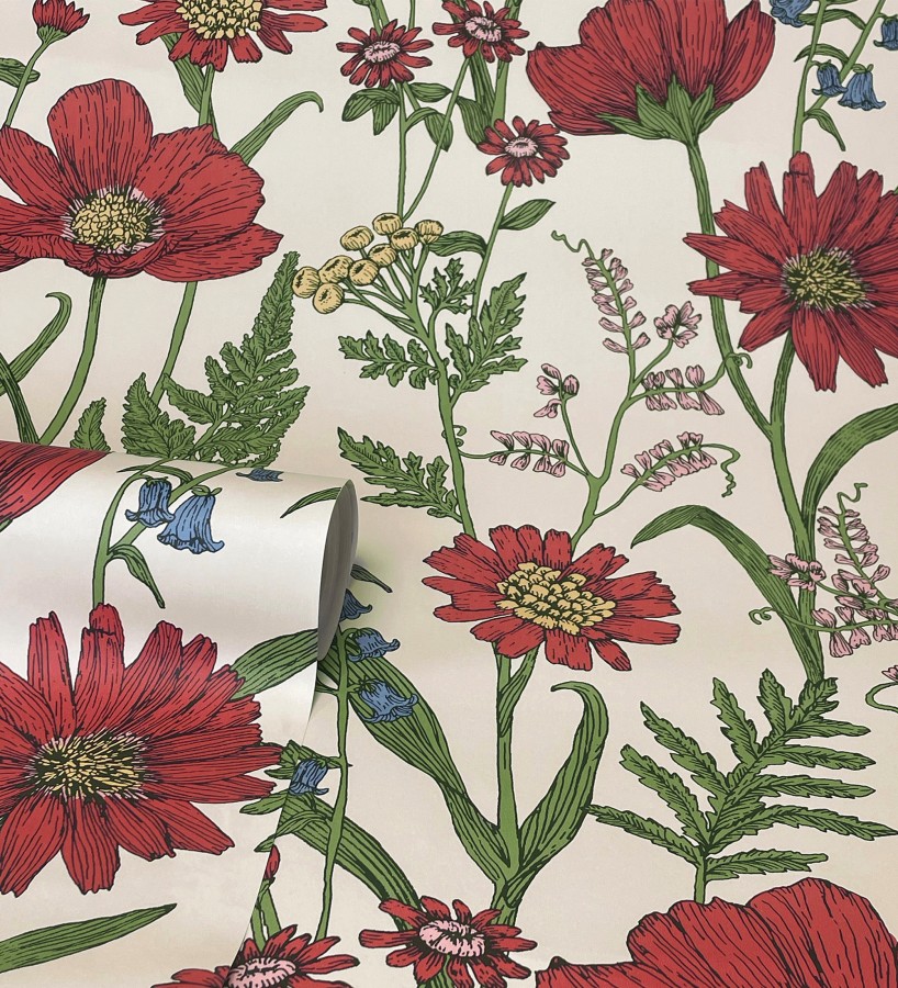 Papel pintado de flores silvestres con margaritas y amapolas fondo beige claro  Margot Meadow 682379