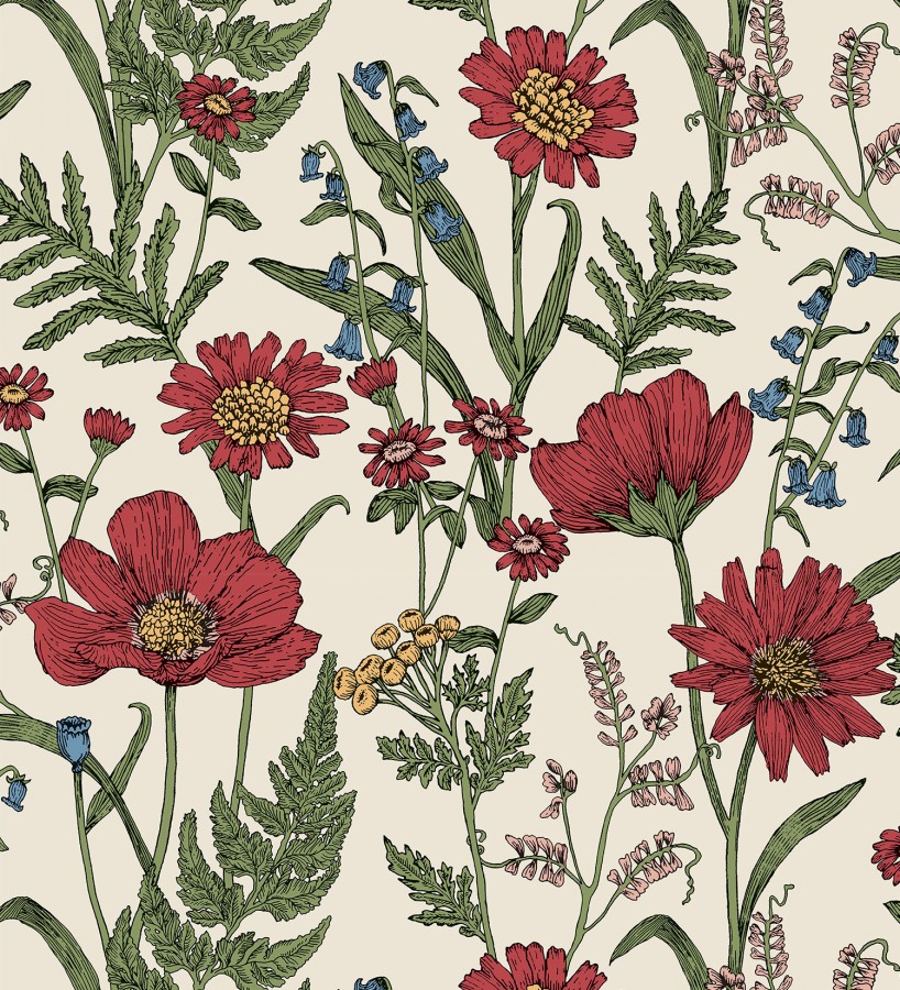 Papel pintado de flores silvestres con margaritas y amapolas fondo beige claro  Margot Meadow 682379