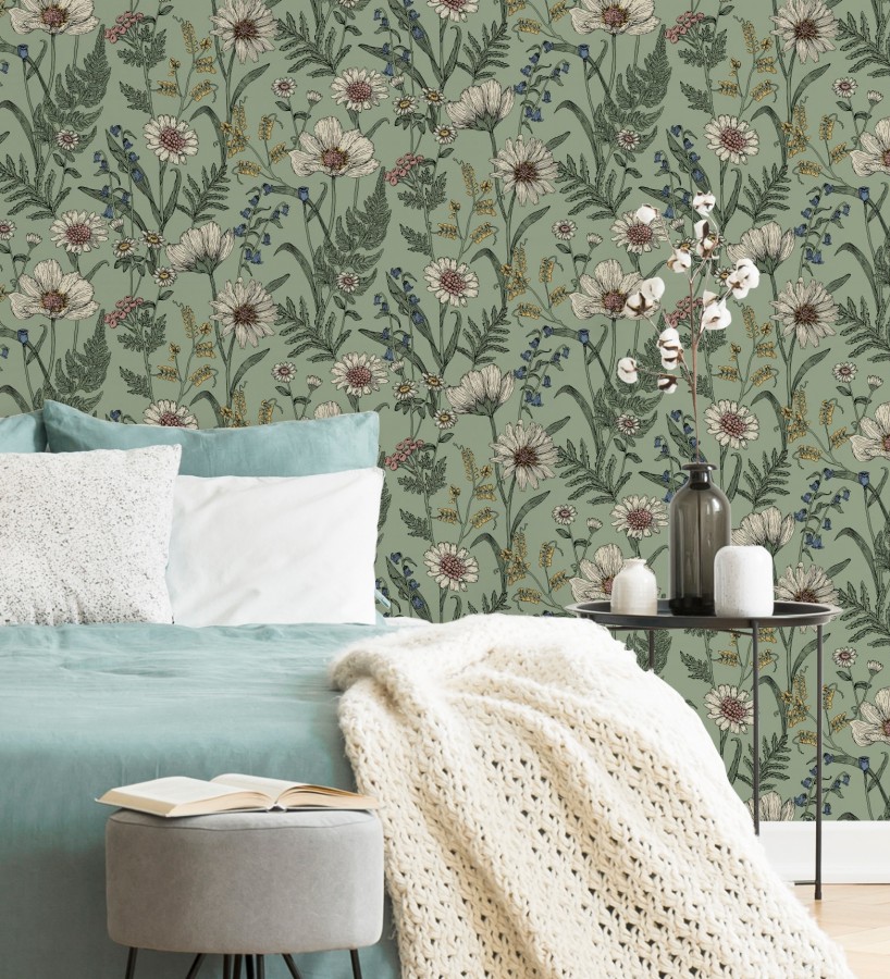 Papel pintado de flores silvestres con margaritas y amapolas fondo verde  Margot Meadow 682381