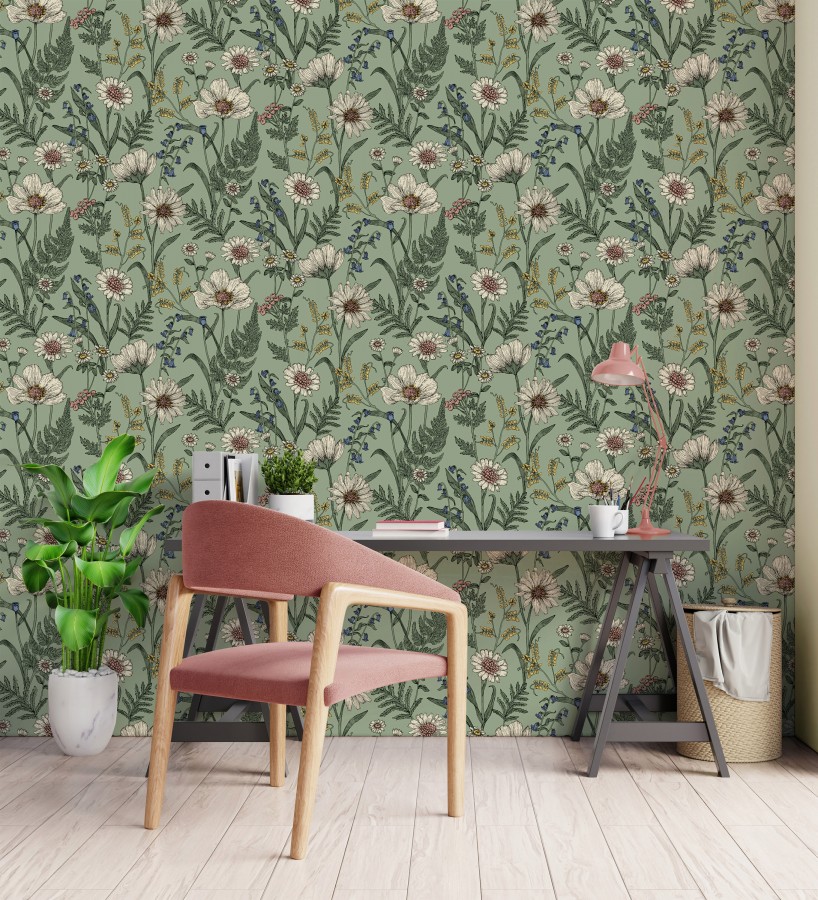 Papel pintado de flores silvestres con margaritas y amapolas fondo verde  Margot Meadow 682381
