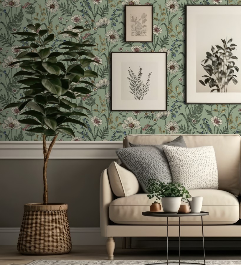 Papel pintado de flores silvestres con margaritas y amapolas fondo verde  Margot Meadow 682381