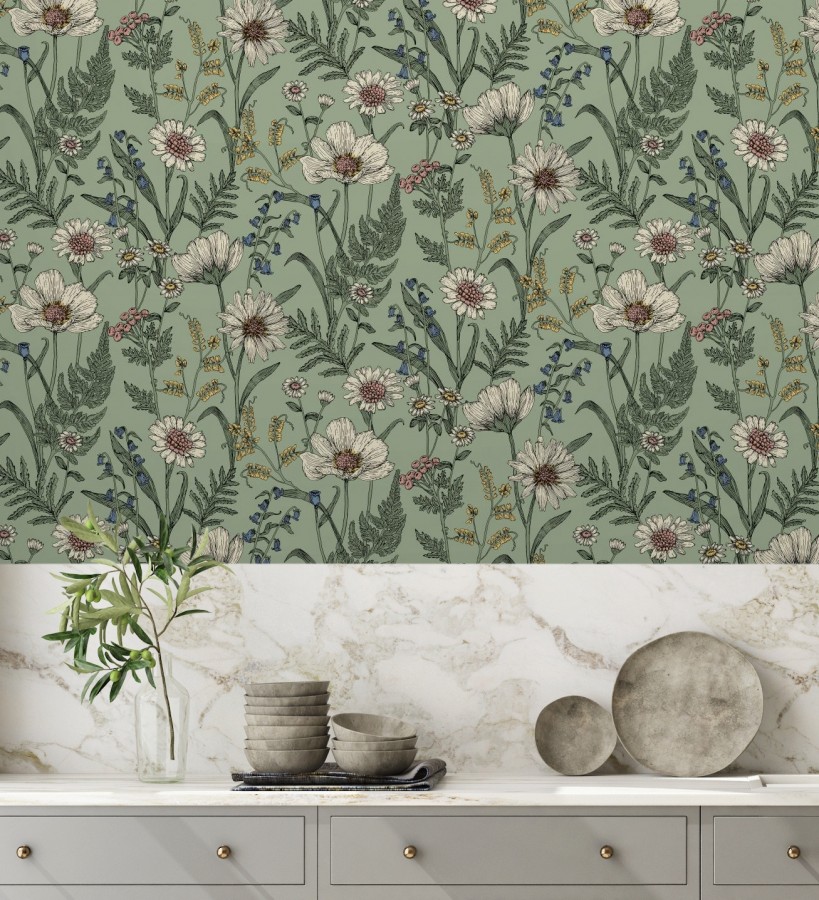 Papel pintado de flores silvestres con margaritas y amapolas fondo verde  Margot Meadow 682381