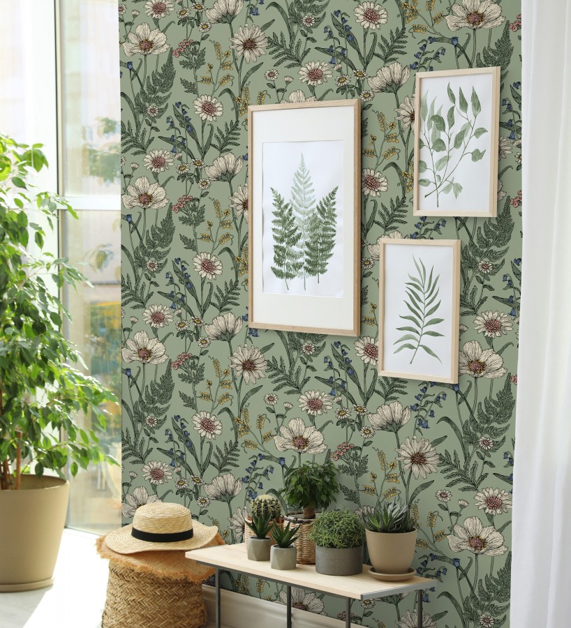 Papel pintado de flores silvestres con margaritas y amapolas fondo verde  Margot Meadow 682381