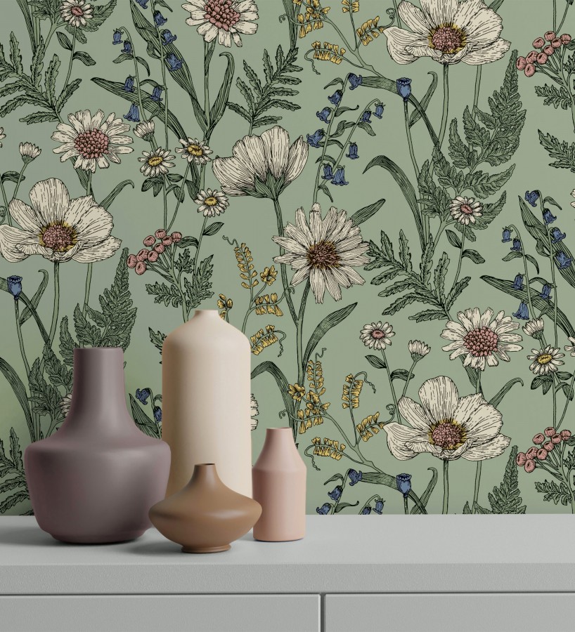 Papel pintado de flores silvestres con margaritas y amapolas fondo verde  Margot Meadow 682381