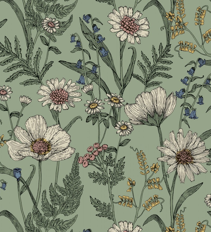 Papel pintado de flores silvestres con margaritas y amapolas fondo verde  Margot Meadow 682381