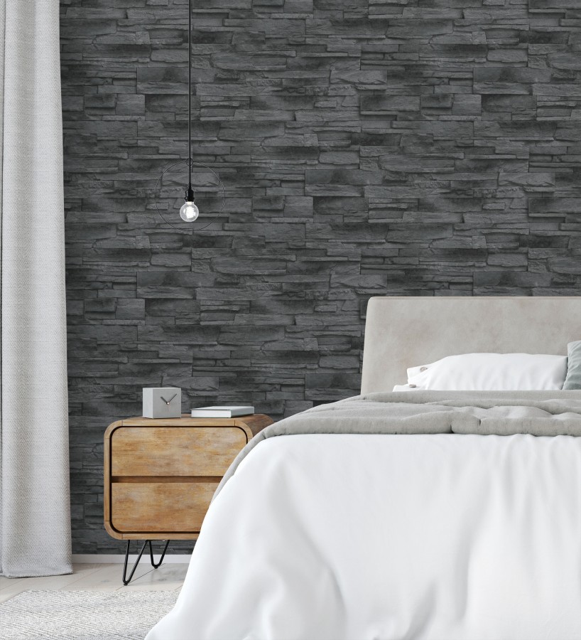 Papel pintado de piedra pizarra negra con relieve  Dakota Stone 682658