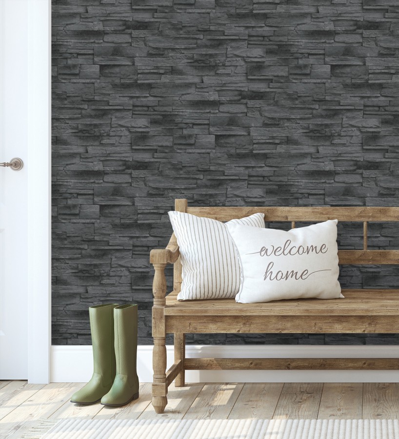 Papel pintado de piedra pizarra negra con relieve  Dakota Stone 682658
