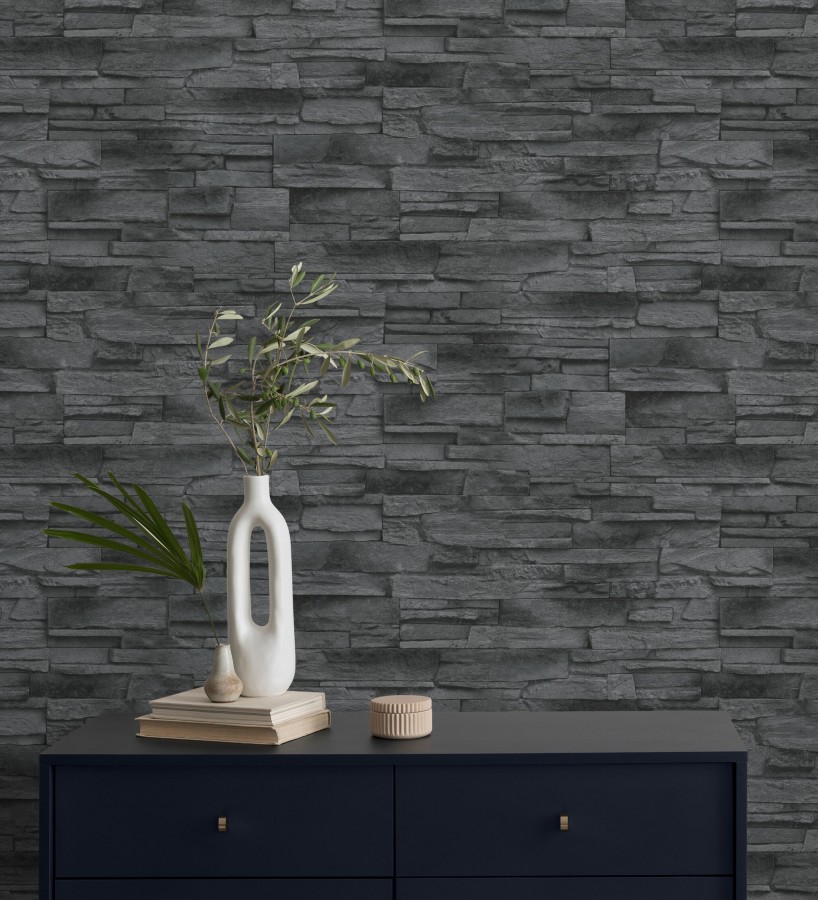 Papel pintado de piedra pizarra negra con relieve  Dakota Stone 682658
