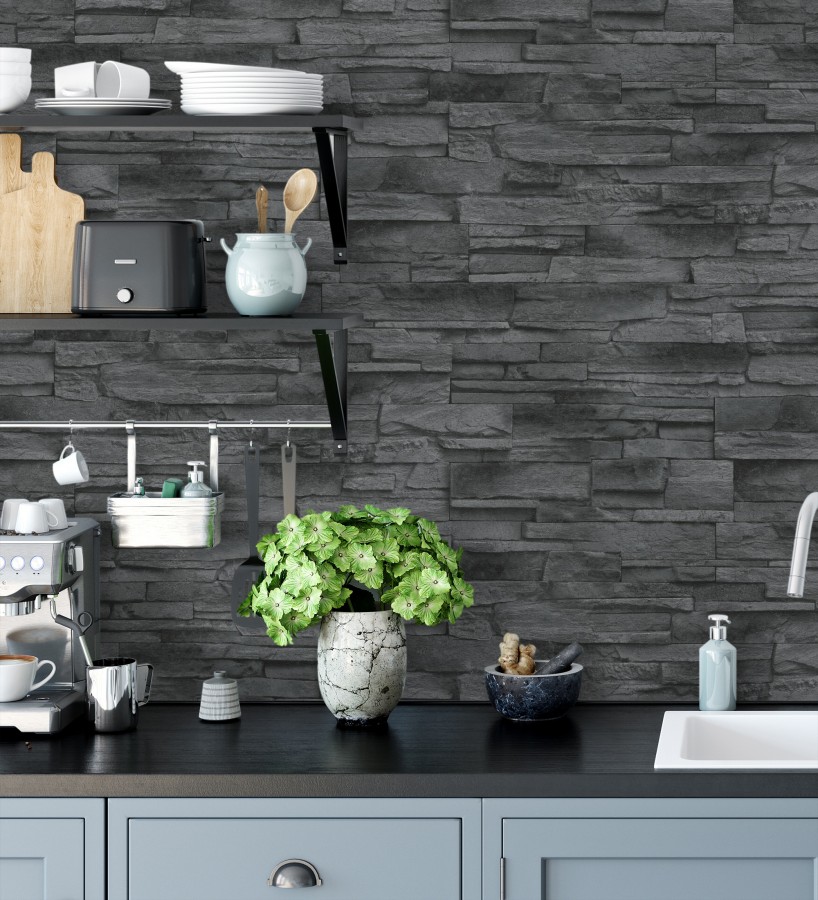 Papel pintado de piedra pizarra negra con relieve  Dakota Stone 682658