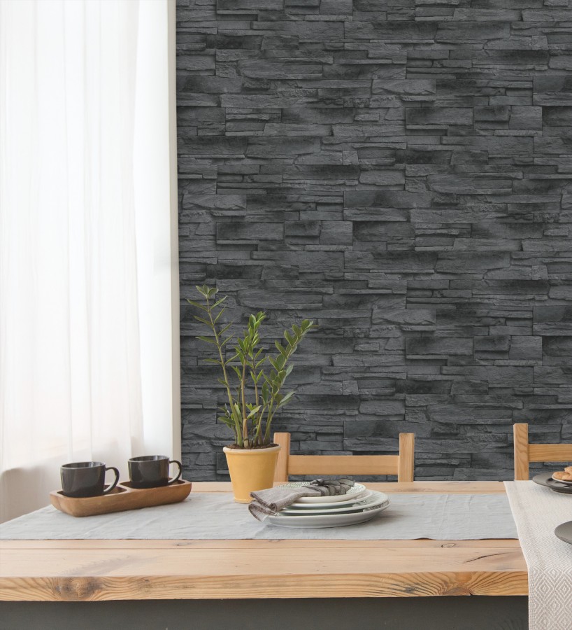 Papel pintado de piedra pizarra negra con relieve  Dakota Stone 682658