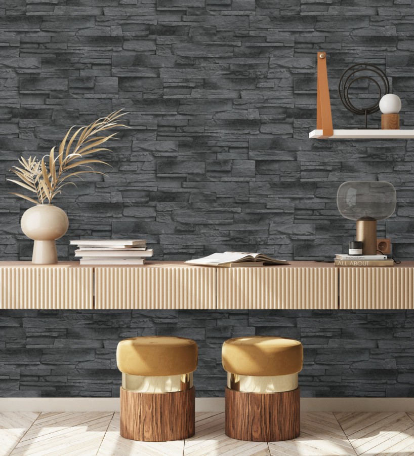 Papel pintado de piedra pizarra negra con relieve  Dakota Stone 682658