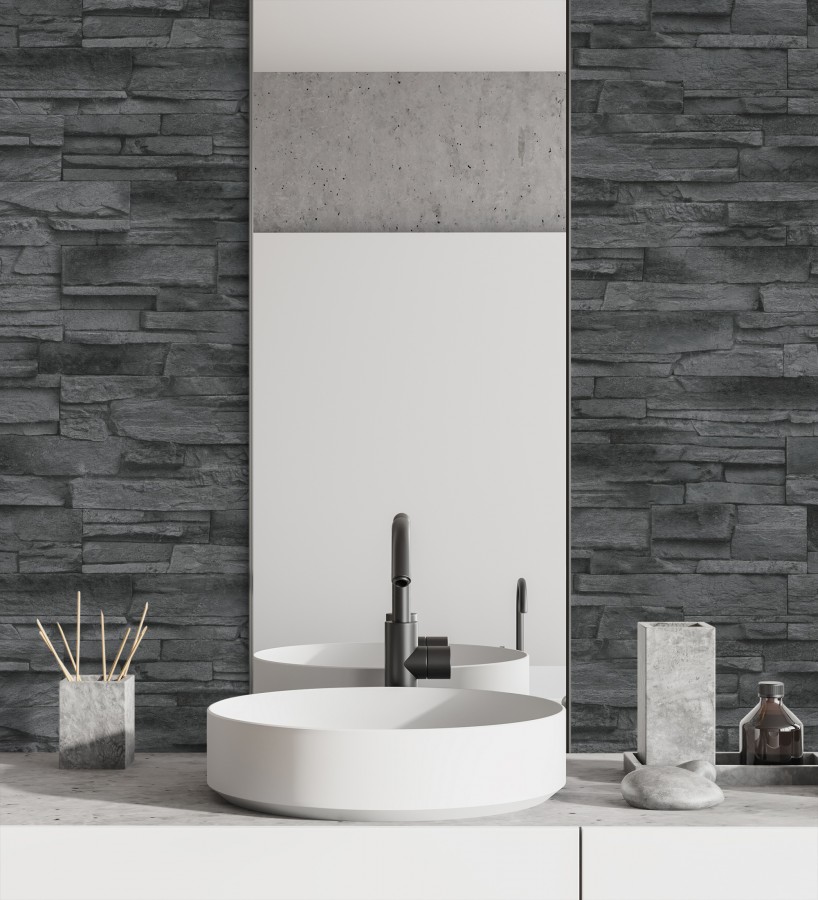 Papel pintado de piedra pizarra negra con relieve  Dakota Stone 682658