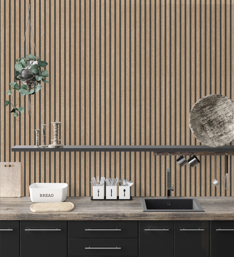 Papel pintado de listones de madera natural imitando el diseño de palillería  Lance Wood Line 682662