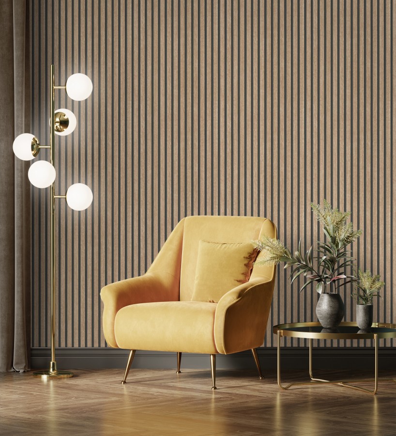 Papel pintado de listones de madera natural imitando el diseño de palillería  Lance Wood Line 682662