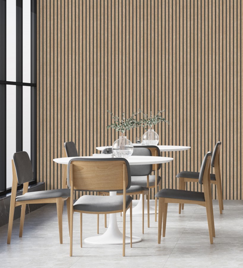 Papel pintado de listones de madera natural imitando el diseño de palillería  Lance Wood Line 682662