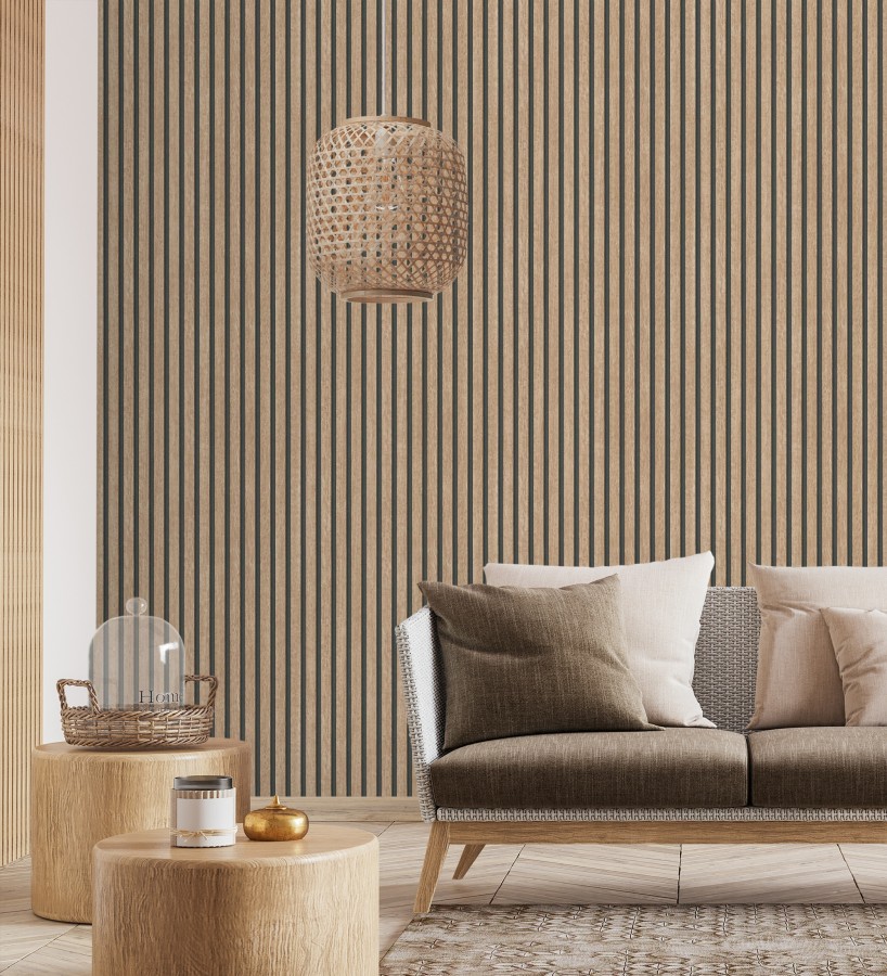 Papel pintado de listones de madera natural imitando el diseño de palillería  Lance Wood Line 682662