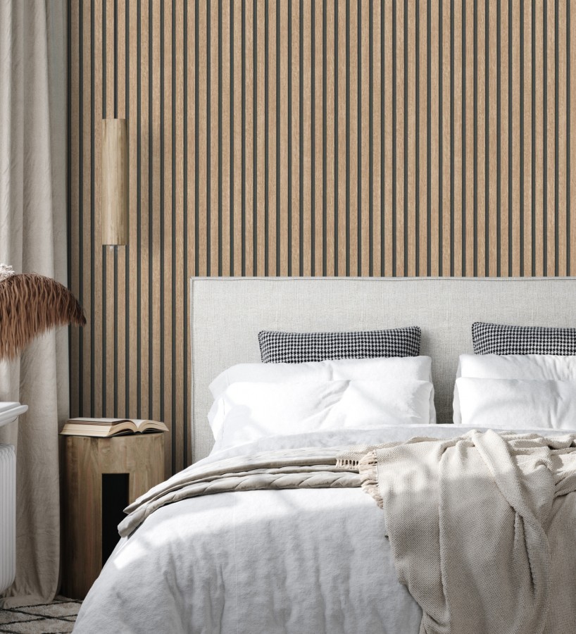 Papel pintado de listones de madera natural imitando el diseño de palillería  Lance Wood Line 682662