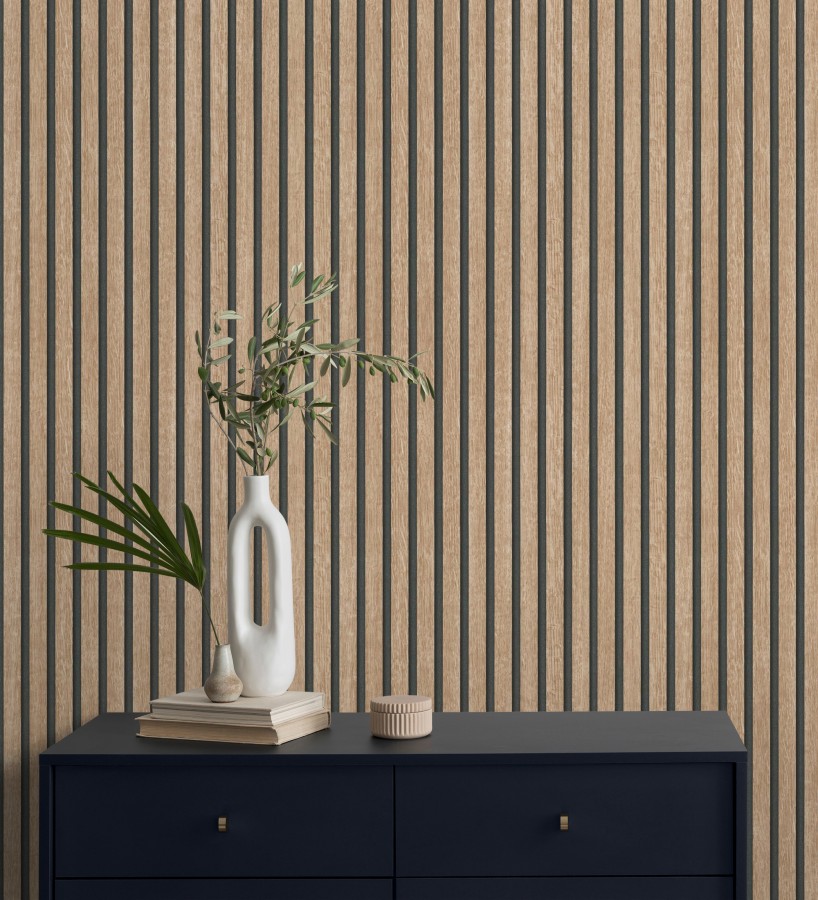 Papel pintado de listones de madera natural imitando el diseño de palillería  Lance Wood Line 682662