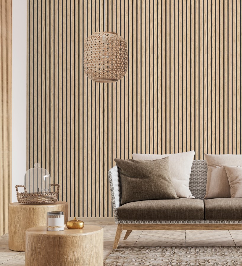 Papel pintado de listones de madera natural imitando a panel de palillería decorativo  Oak Orbit 682815