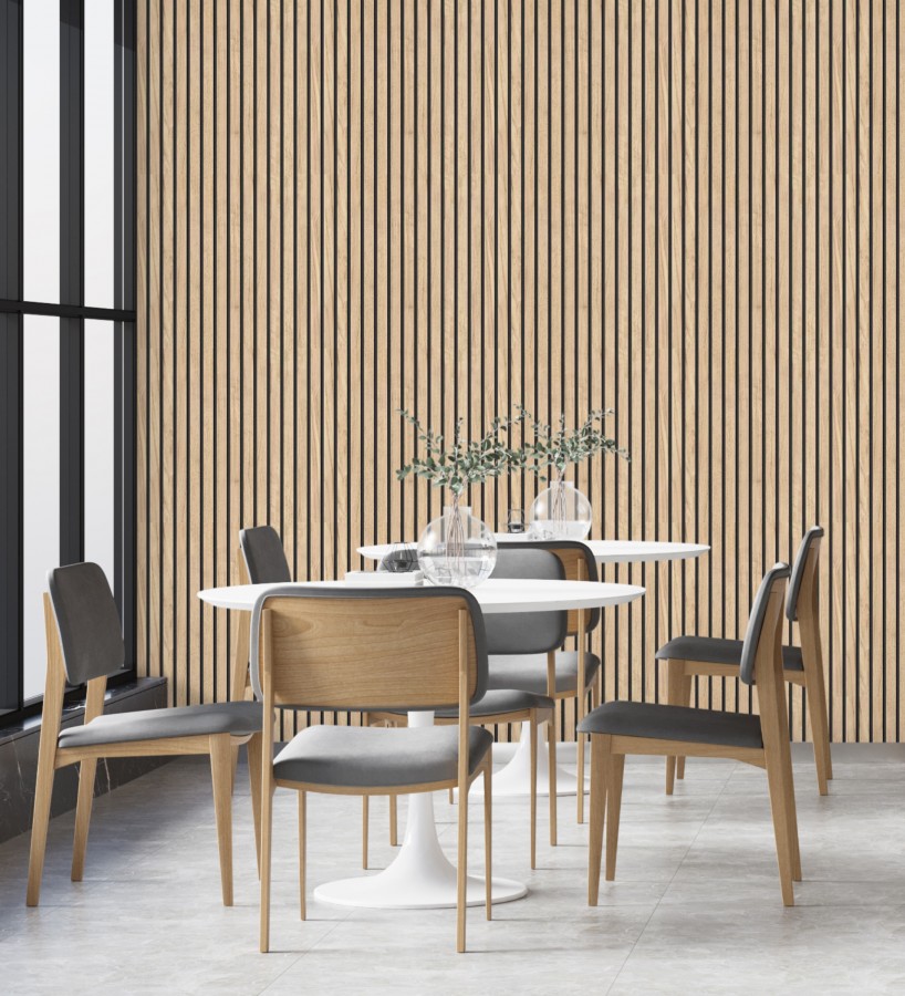Papel pintado de listones de madera natural imitando a panel de palillería decorativo  Oak Orbit 682815