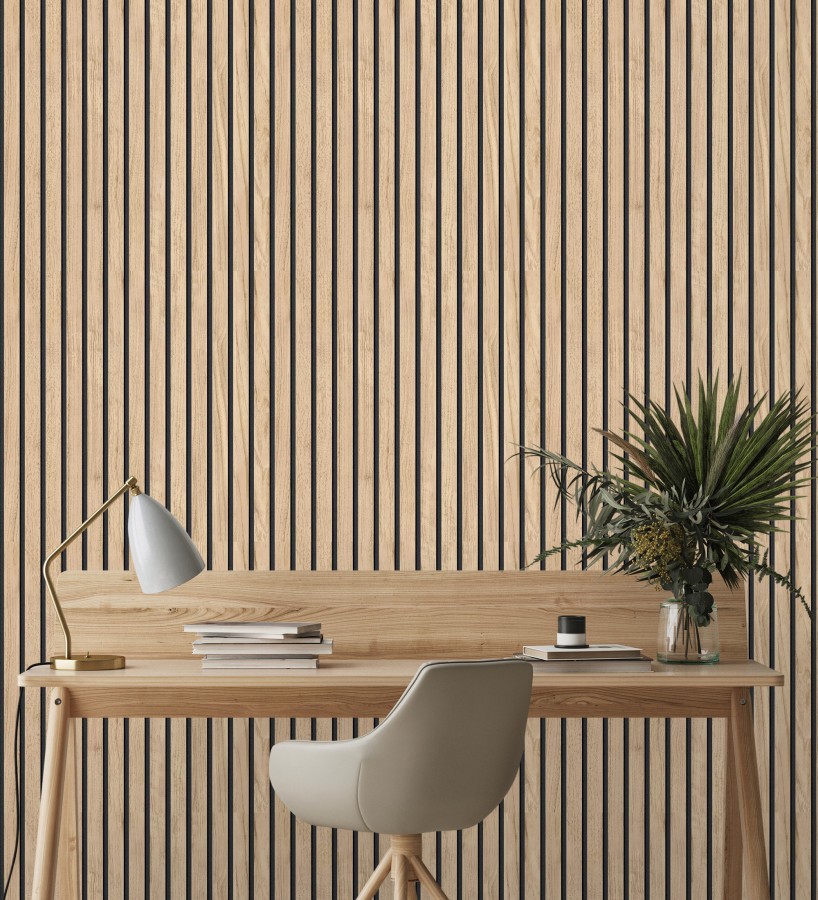 Papel pintado de listones de madera natural imitando a panel de palillería decorativo  Oak Orbit 682815