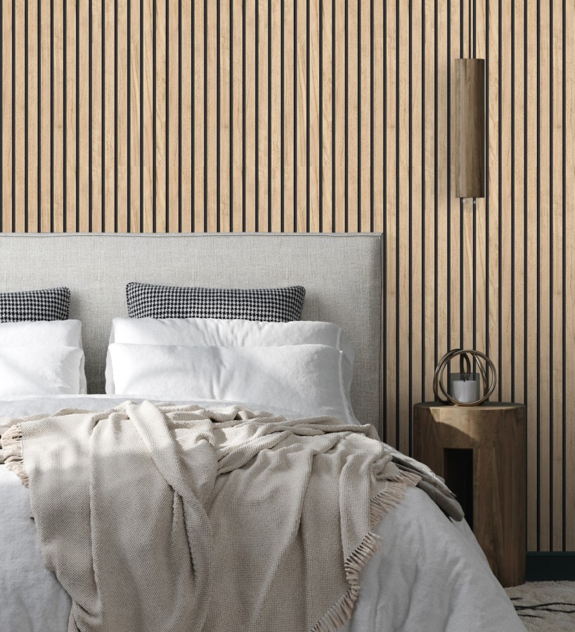 Papel pintado de listones de madera natural imitando a panel de palillería decorativo  Oak Orbit 682815