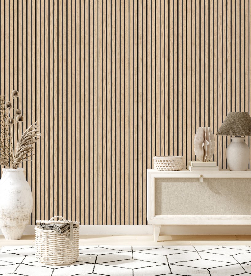 Papel pintado de listones de madera natural imitando a panel de palillería decorativo  Oak Orbit 682815