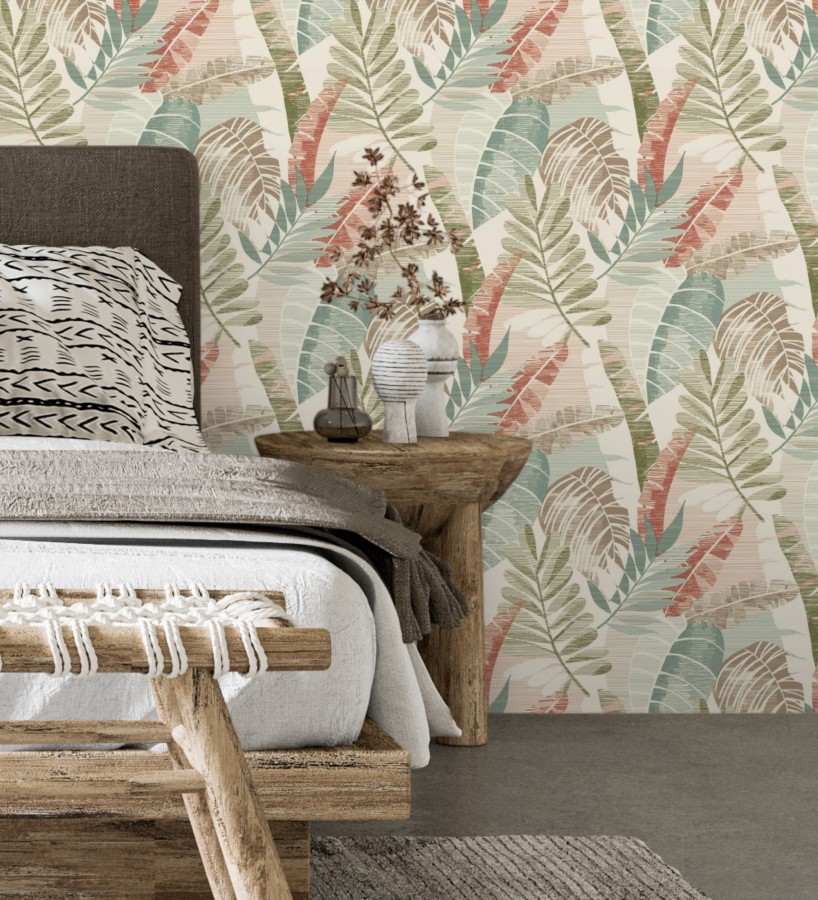 Papel pintado de hojas tropicales tonos verdes terracota claro y marfil  Jungle Jacquard 682819