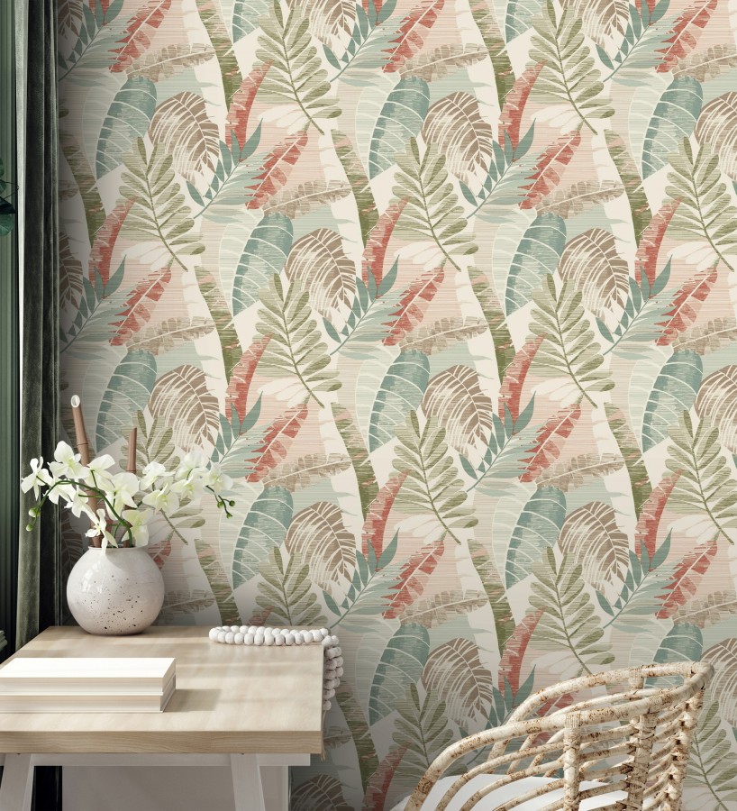 Papel pintado de hojas tropicales tonos verdes terracota claro y marfil  Jungle Jacquard 682819