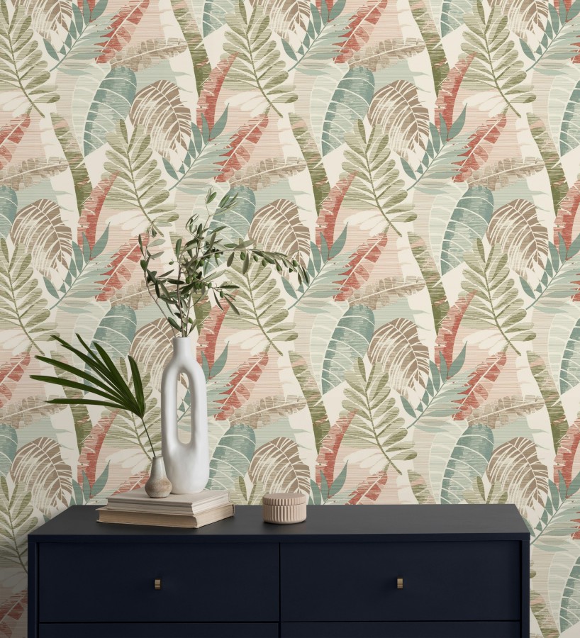 Papel pintado de hojas tropicales tonos verdes terracota claro y marfil  Jungle Jacquard 682819