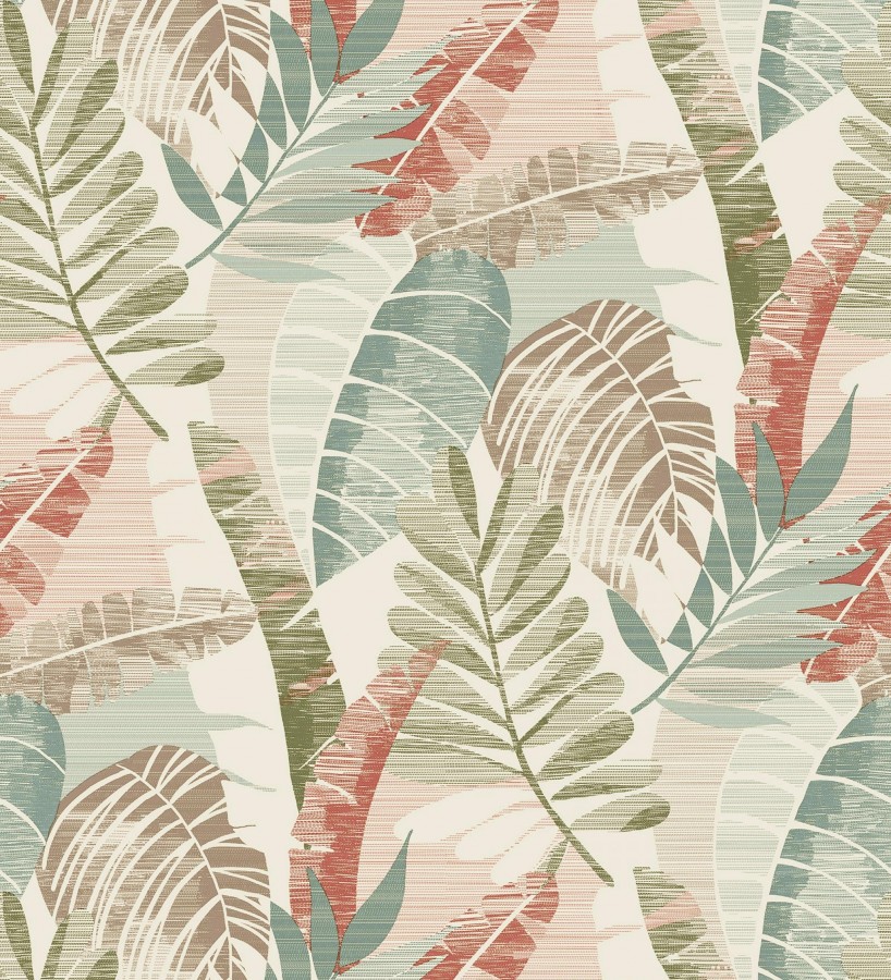 Papel pintado de hojas tropicales tonos verdes terracota claro y marfil  Jungle Jacquard 682819
