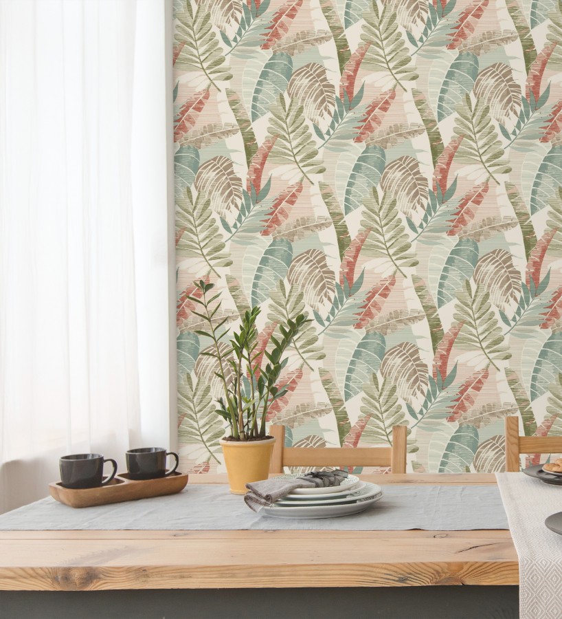 Papel pintado de hojas tropicales tonos verdes terracota claro y marfil  Jungle Jacquard 682819