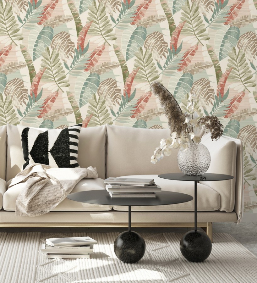Papel pintado de hojas tropicales tonos verdes terracota claro y marfil  Jungle Jacquard 682819