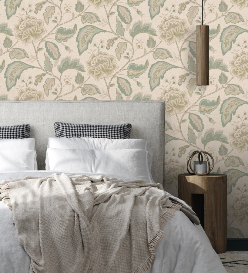 Papel pintado de flores peonía grandes color verde claro y fondo beige  Denise Blossom 682823