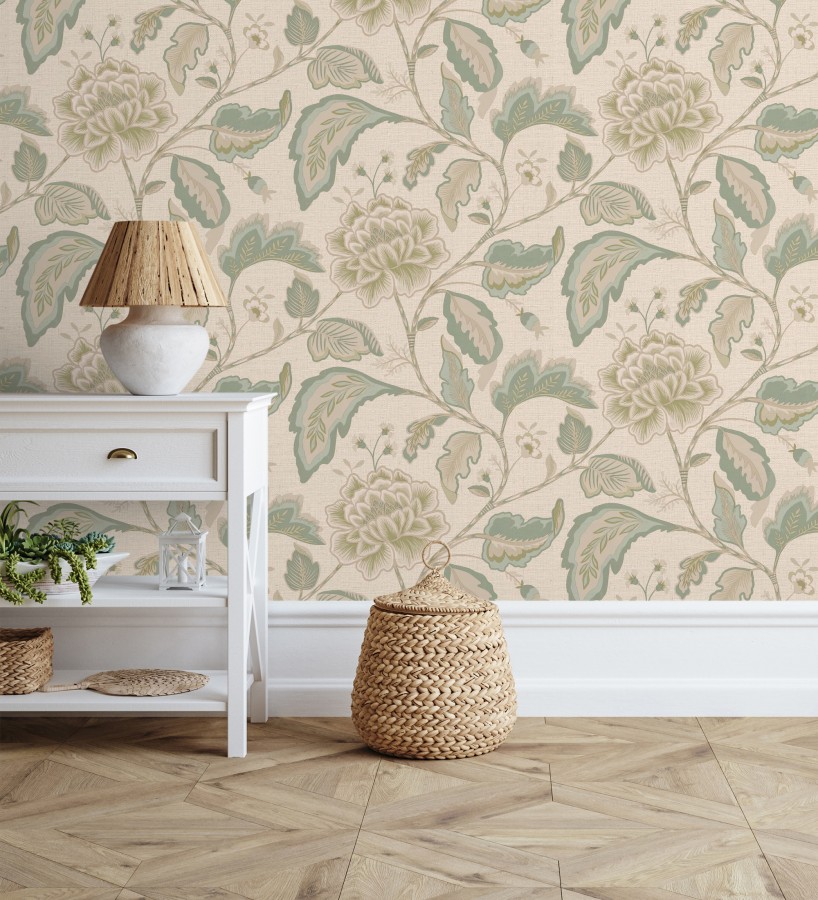 Papel pintado de flores peonía grandes color verde claro y fondo beige  Denise Blossom 682823