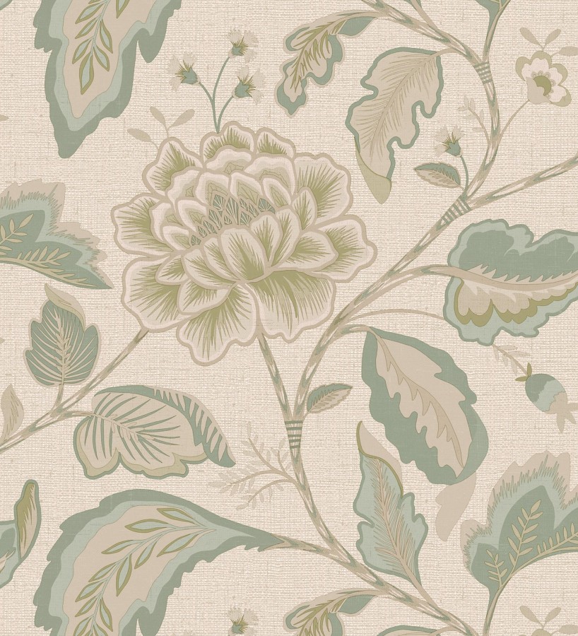 Papel pintado de flores peonía grandes color verde claro y fondo beige  Denise Blossom 682823